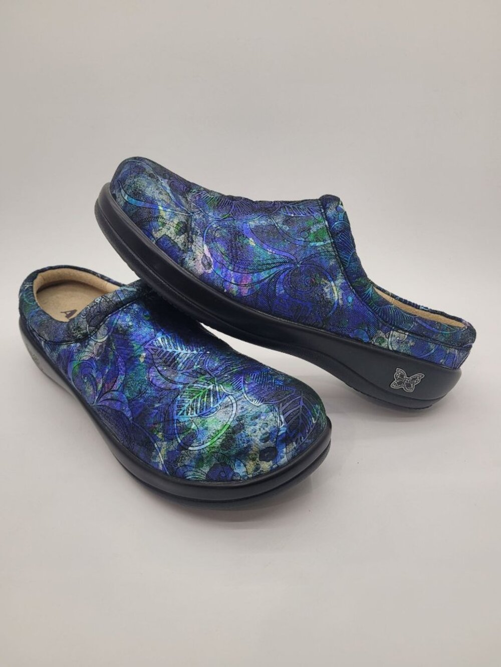 Alegria Kay 264 Mules Metallic Blue Green Leaves Slip On Size 41 EU 10.5-11 US